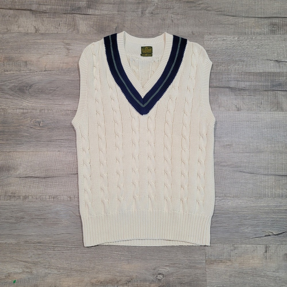 Evergreen Mens XL Cream Cable Knit V-Neck Cricket Sweater Vest Cotton Vintage